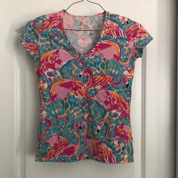 Lily Pulitzer v-neck Flamingo print fitted top - Picture 1 of 1